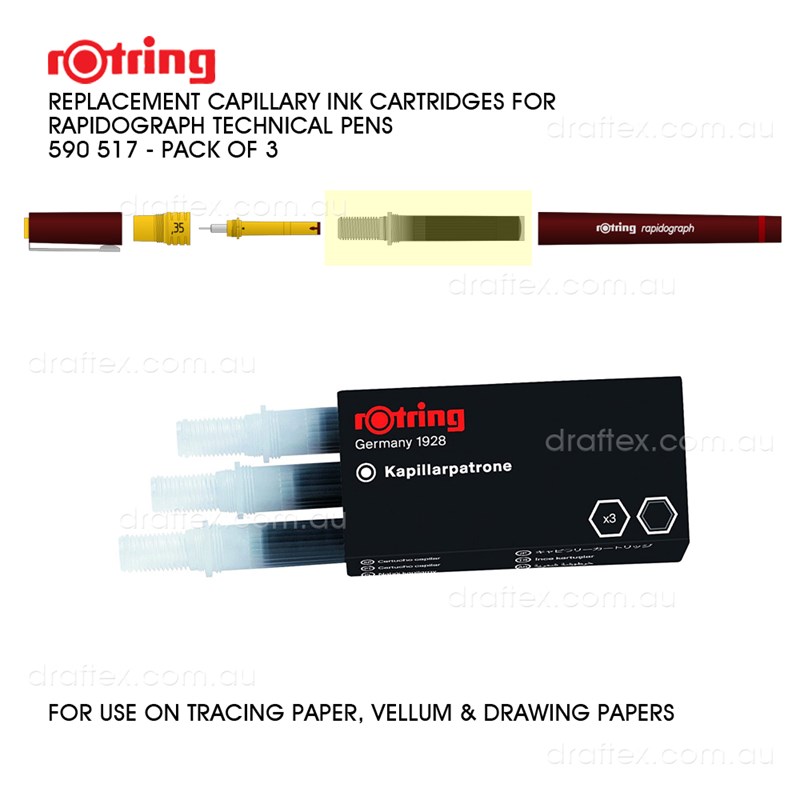 590517 Rotring Rapidograph Capillary Ink Cartridges For Rapidograph Technical Pens Pk 3